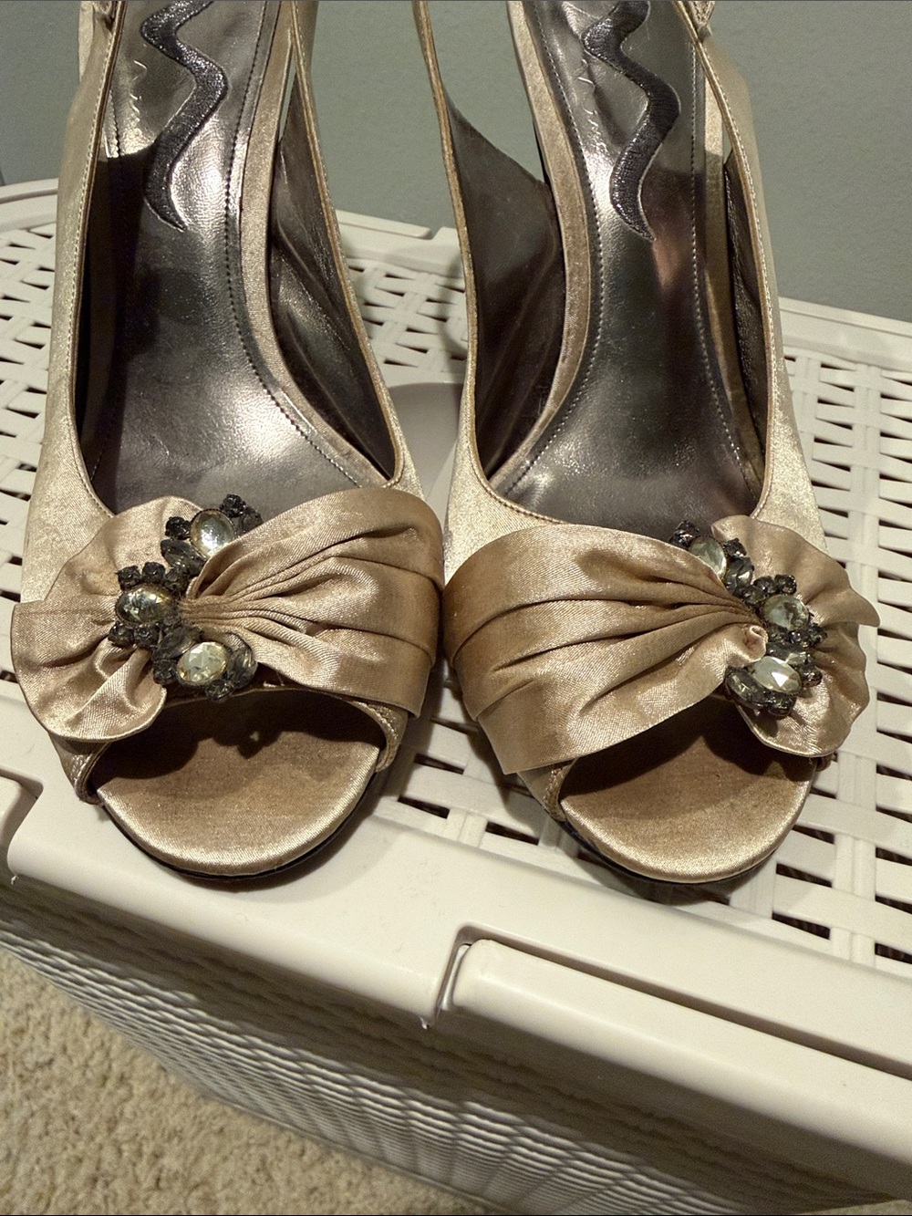Nina Champagne Satin Slingback Heels with Crystal Accent - Picture 2 of 5